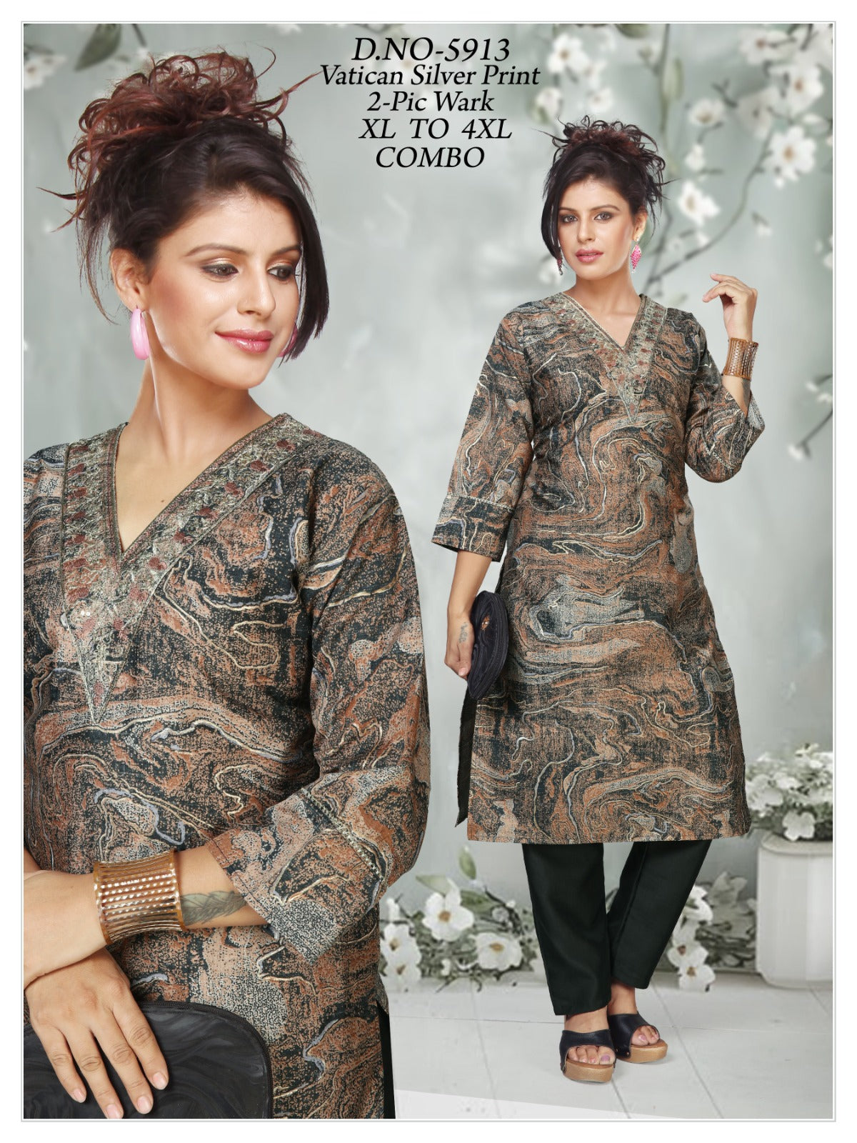 Women's Vatican Silver Print V-Neck Kurti with Matching Pant 2-Piece Set