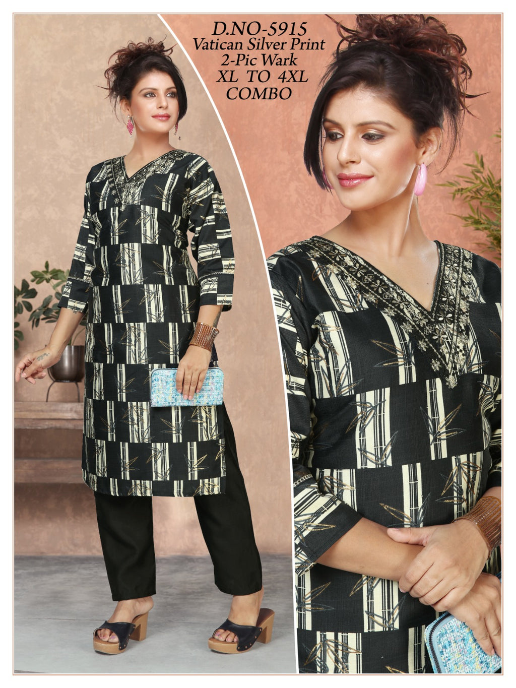 Women's Vatican Silver Print V-Neck Kurti with Matching Pant 2-Piece Set