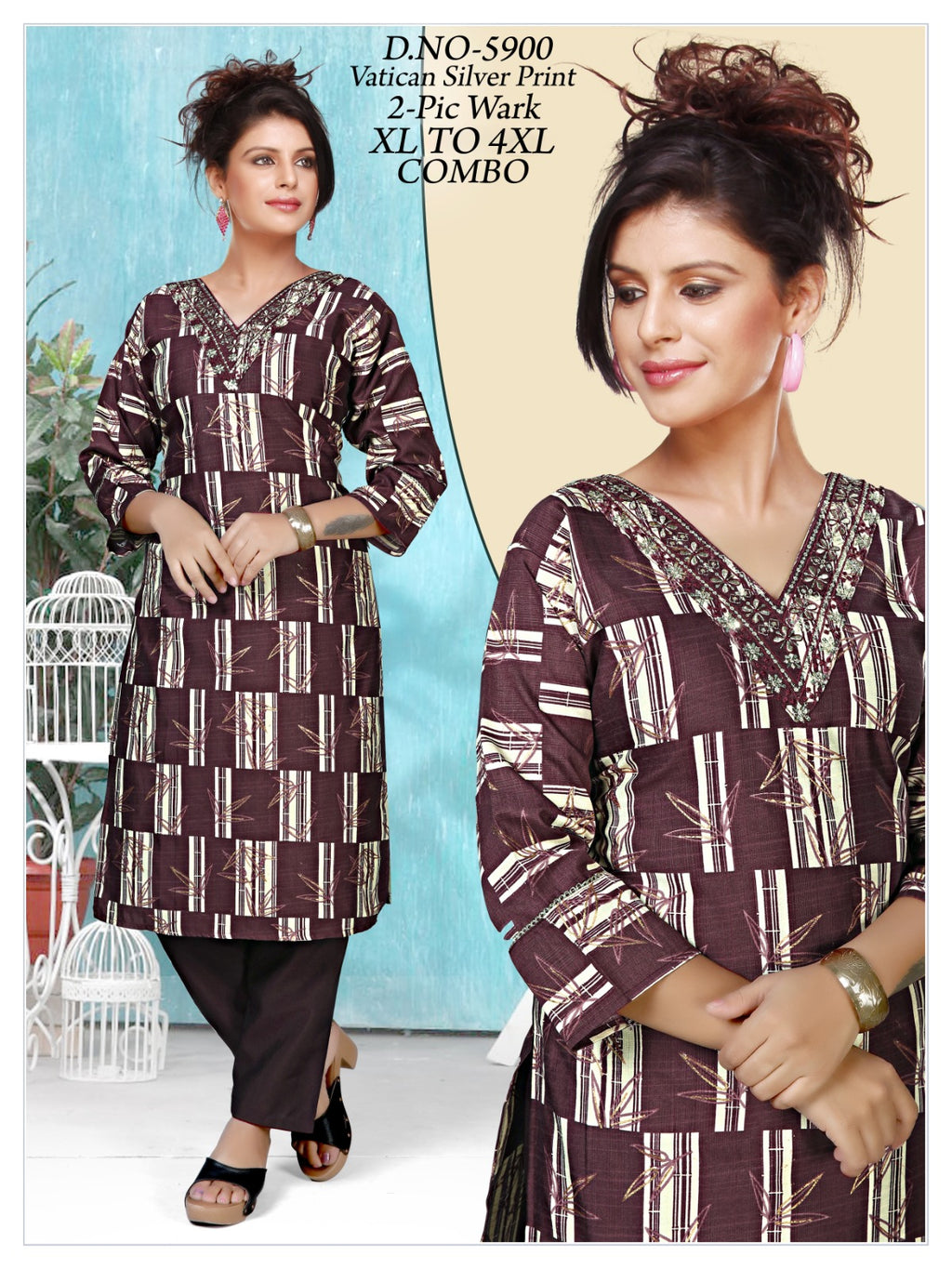 Women's Vatican Silver Print V-Neck Kurti with Matching Pant 2-Piece Set
