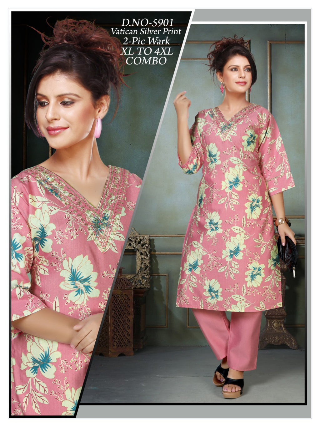 Women's Vatican Silver Print V-Neck Kurti with Matching Pant 2-Piece Set
