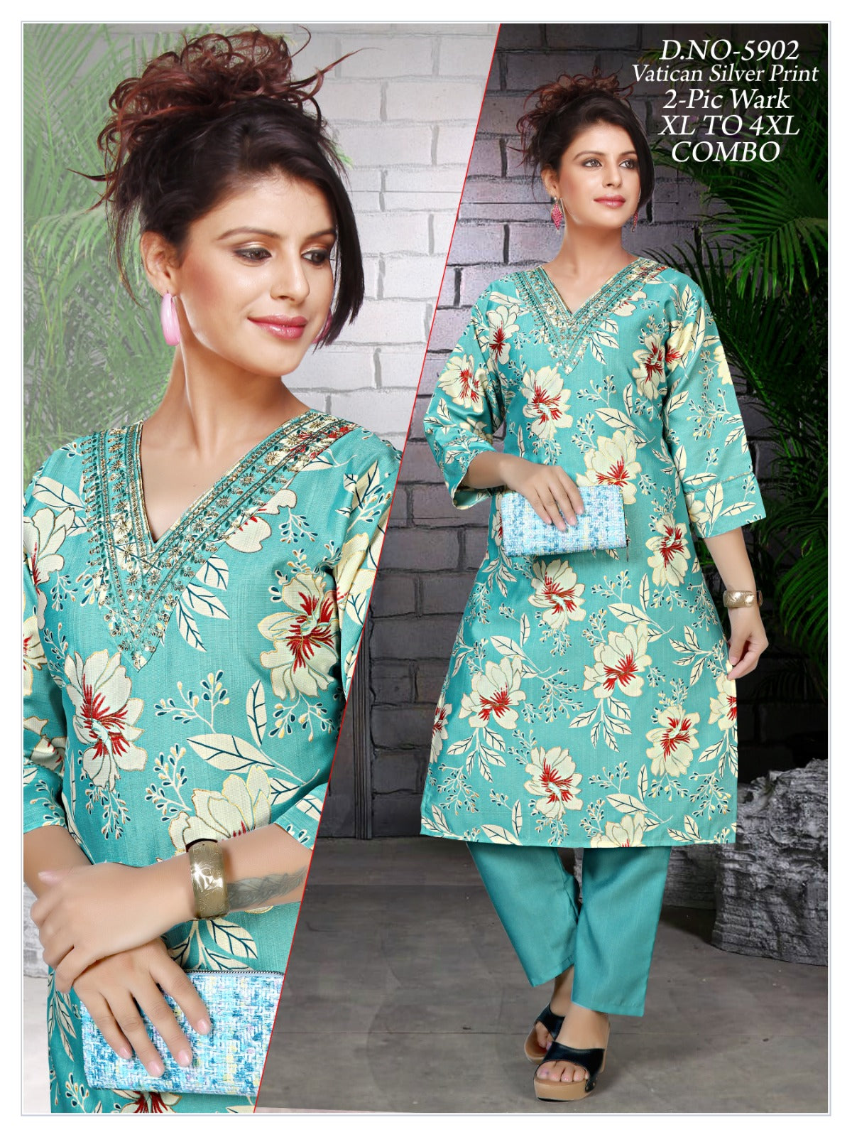 Women's Vatican Silver Print V-Neck Kurti with Matching Pant 2-Piece Set