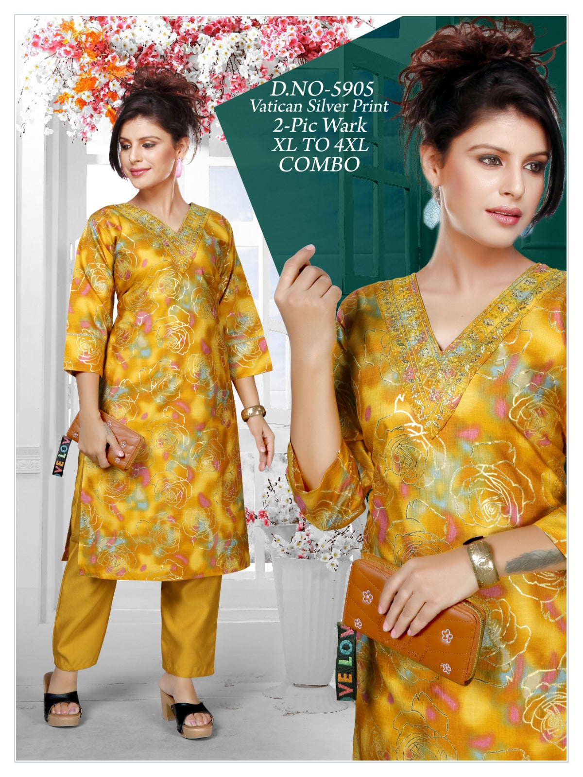 Women's Vatican Silver Print V-Neck Kurti with Matching Pant 2-Piece Set