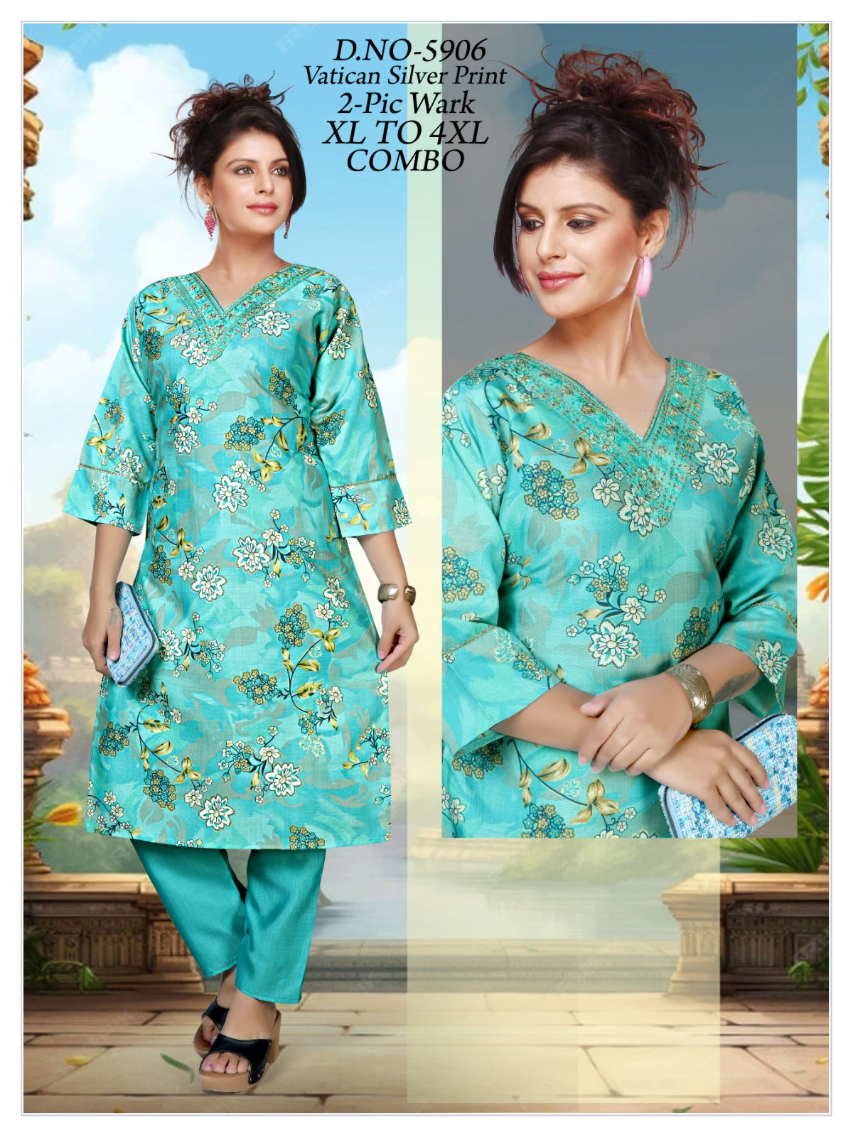 Women's Vatican Silver Print V-Neck Kurti with Matching Pant 2-Piece Set