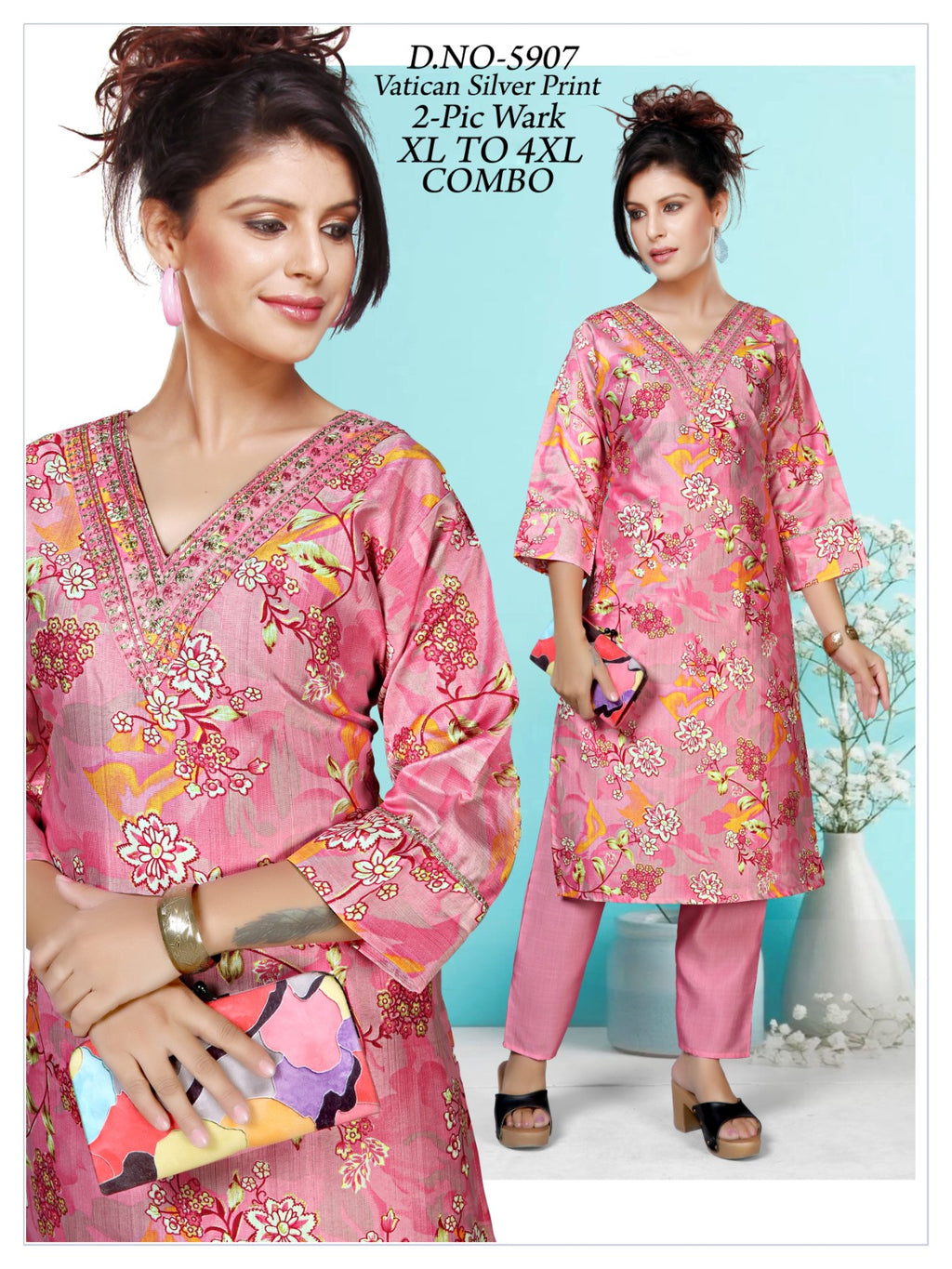 Women's Vatican Silver Print V-Neck Kurti with Matching Pant 2-Piece Set