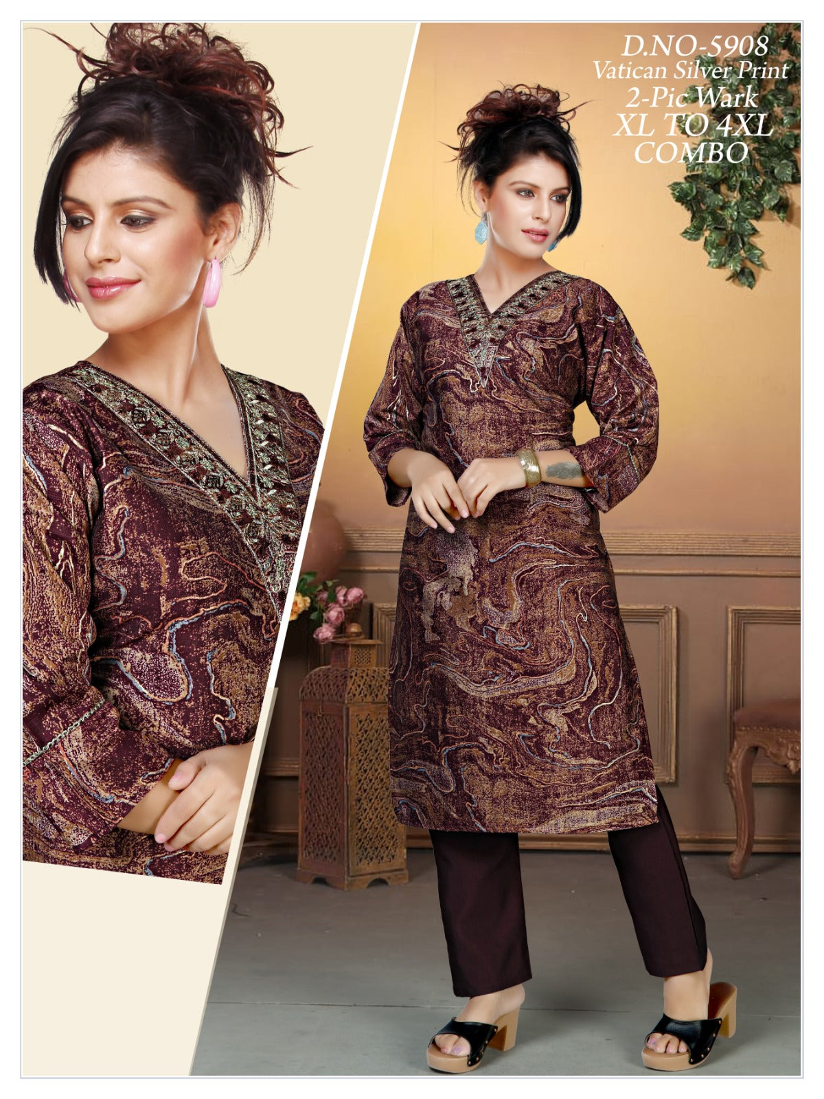 Women's Vatican Silver Print V-Neck Kurti with Matching Pant 2-Piece Set