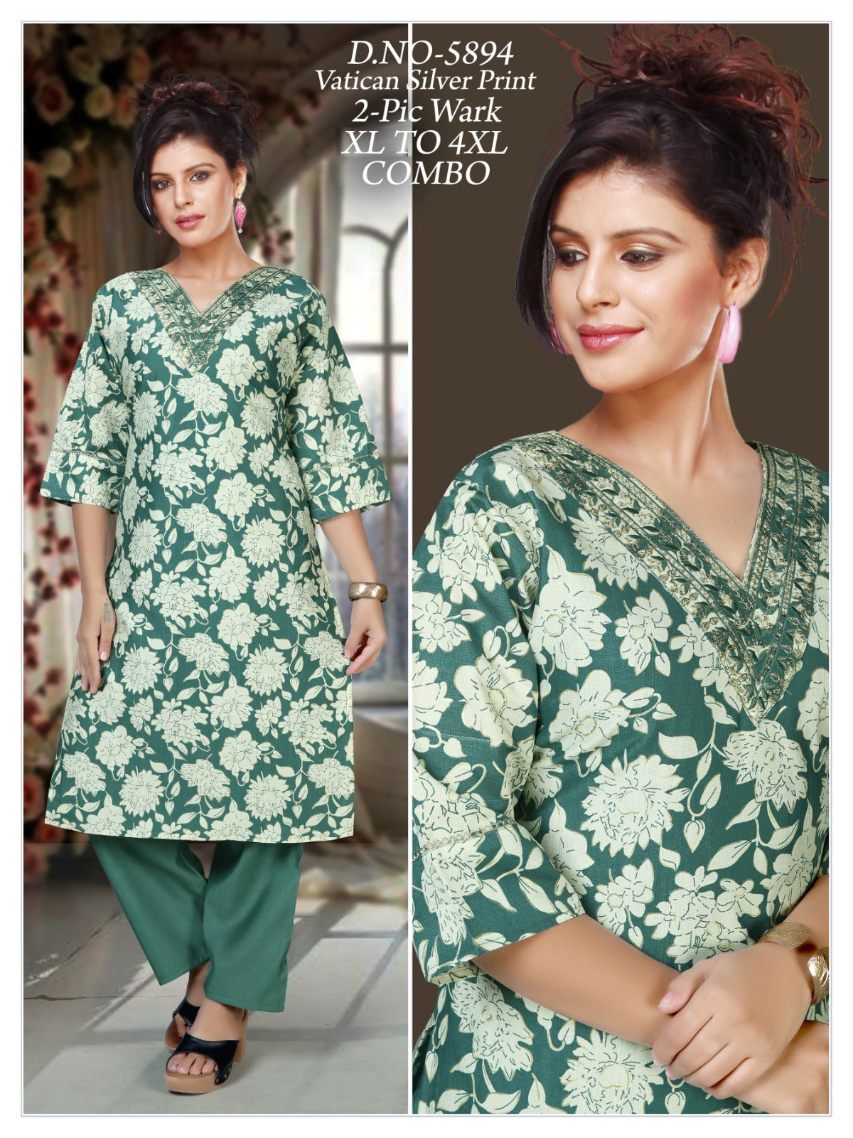 Women's Vatican Silver Print V-Neck Kurti with Matching Pant 2-Piece Set
