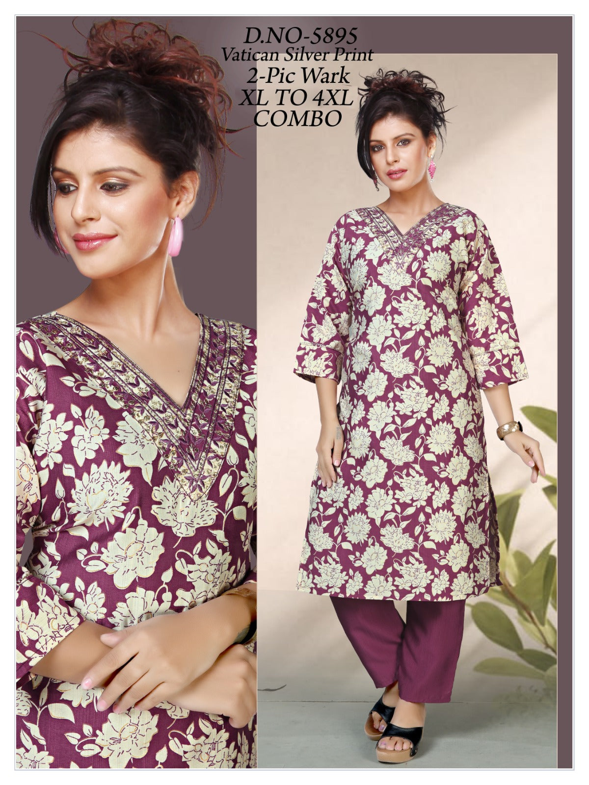 Women's Vatican Silver Print V-Neck Kurti with Matching Pant 2-Piece Set