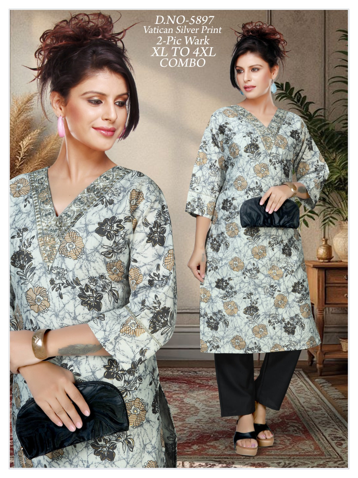 Women's Vatican Silver Print V-Neck Kurti with Matching Pant 2-Piece Set