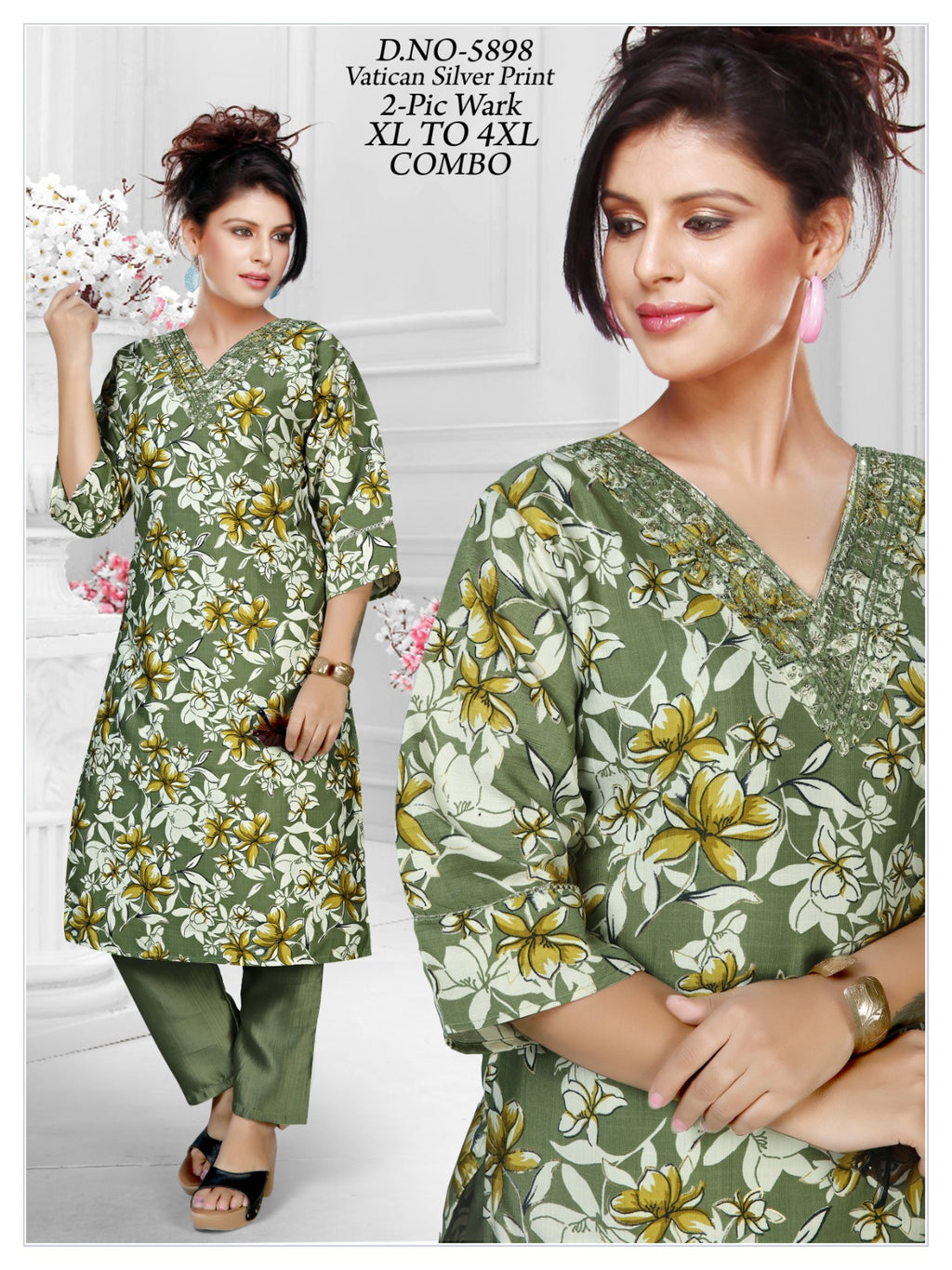 Women's Vatican Silver Print V-Neck Kurti with Matching Pant 2-Piece Set
