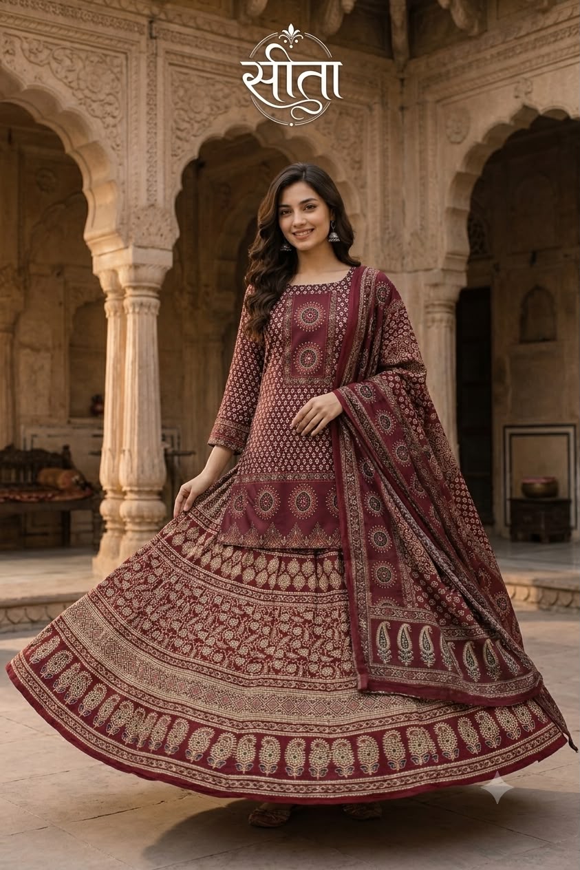 Traditional Cotton Ajrakh Print Short Kurti with Skirt & Dupatta Set