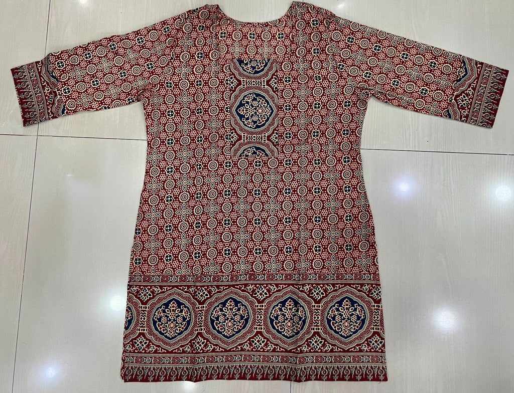 Traditional Cotton Ajrakh Print Short Kurti with Skirt & Dupatta Set