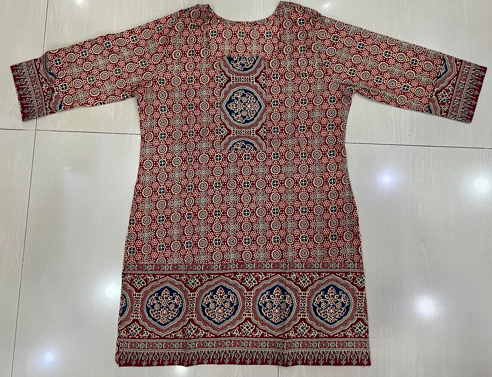 Traditional Cotton Ajrakh Print Short Kurti with Skirt & Dupatta Set