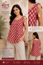 Pure Cotton 60*60 Procion Printed Short Tunic Top with Katha Work & Shoulder Dor