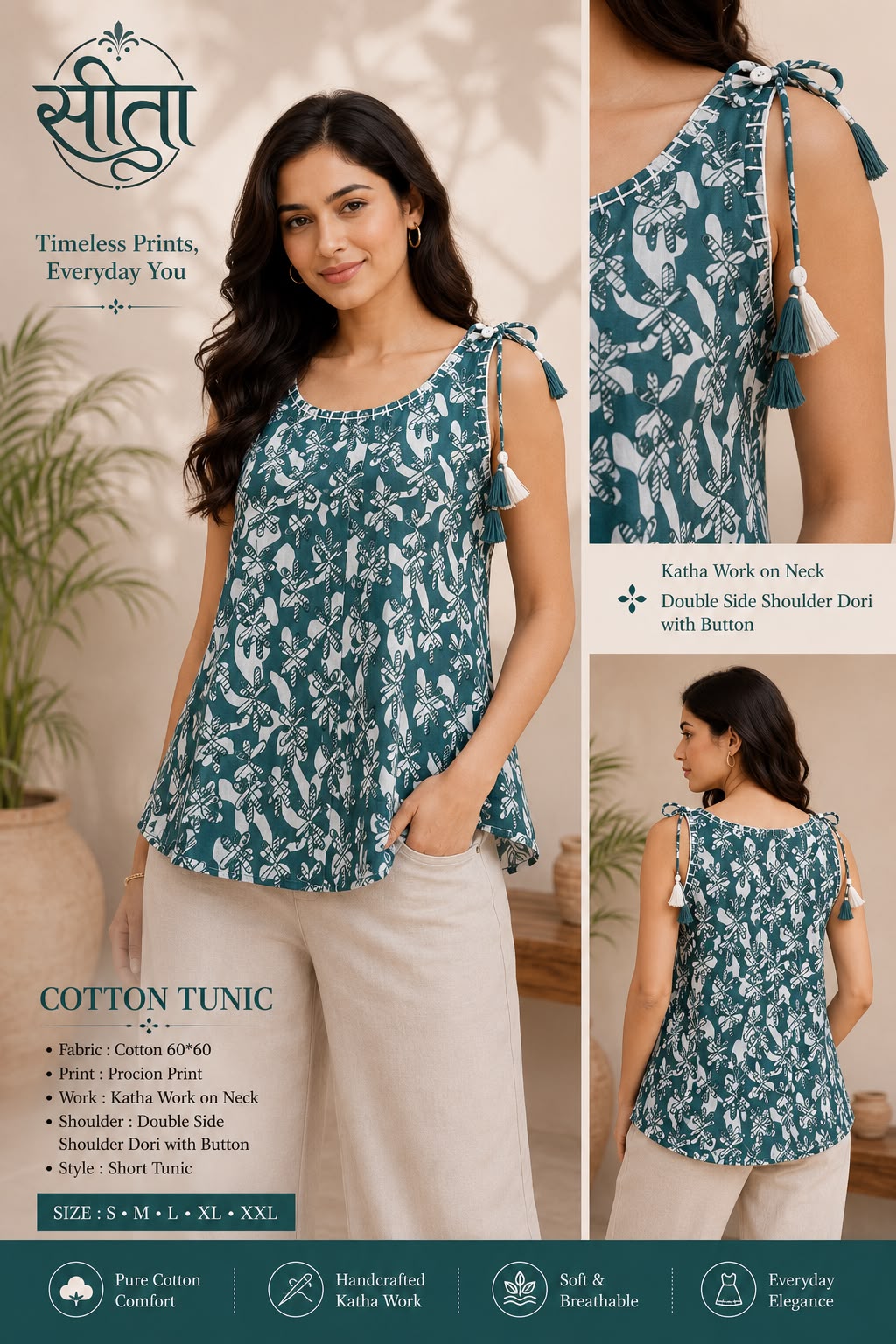 Pure Cotton 60*60 Procion Printed Short Tunic Top with Katha Work & Shoulder Dor