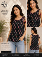 Pure Cotton 60*60 Procion Printed Short Tunic Top with Katha Work & Shoulder Dor