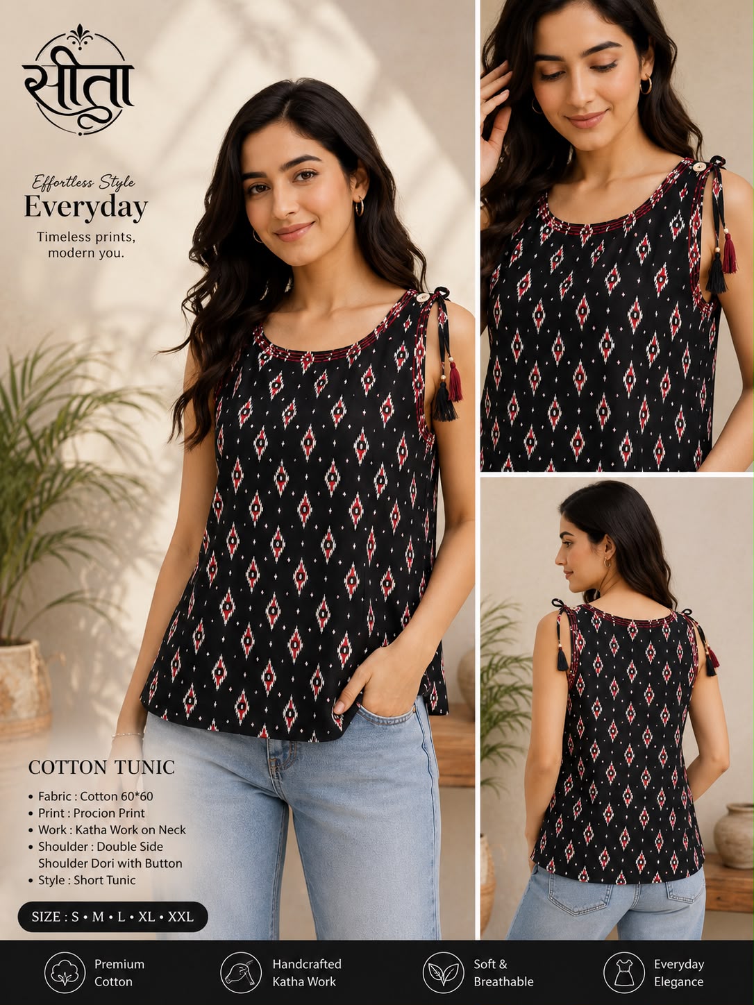 Pure Cotton 60*60 Procion Printed Short Tunic Top with Katha Work & Shoulder Dor