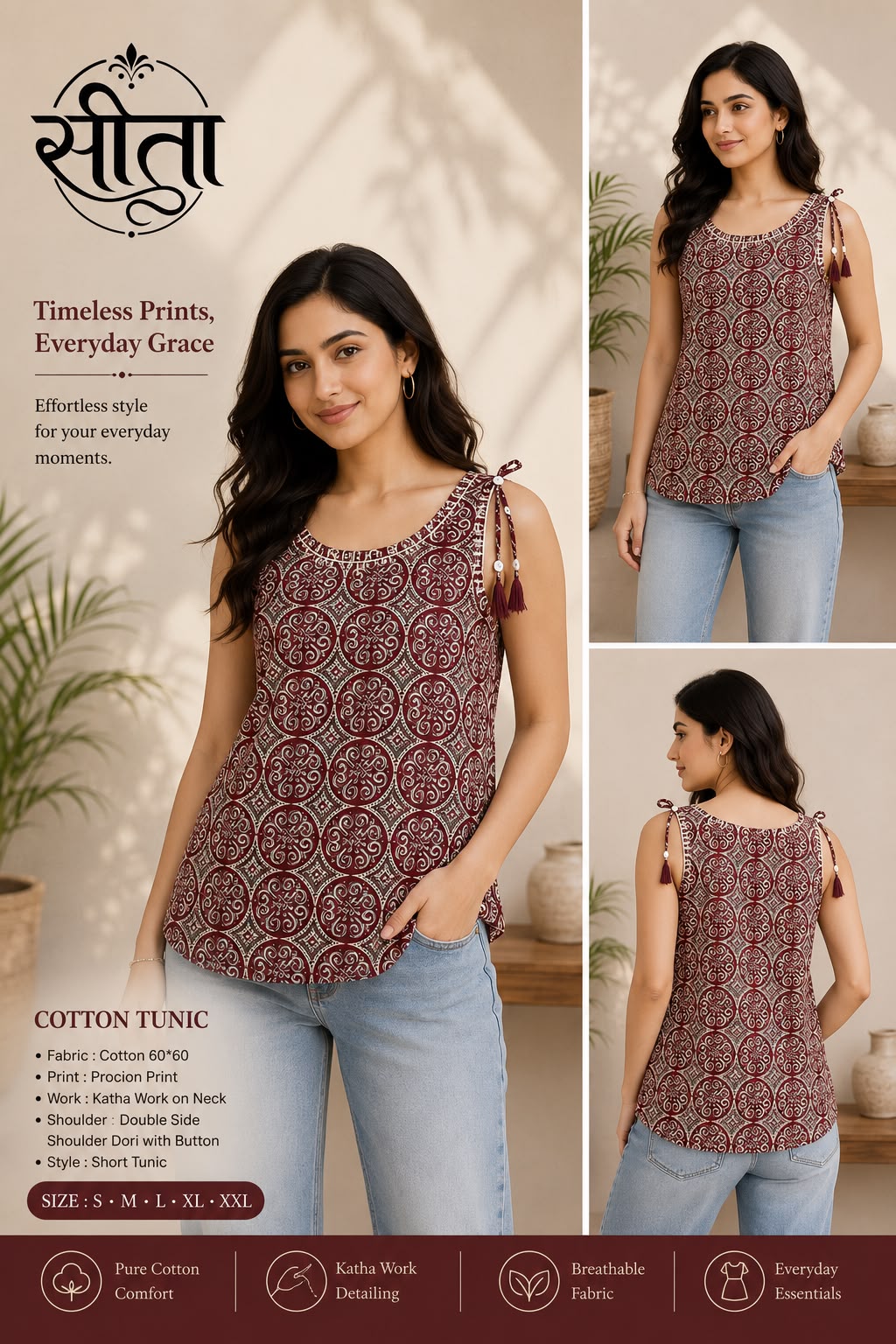 Pure Cotton 60*60 Procion Printed Short Tunic Top with Katha Work & Shoulder Dor