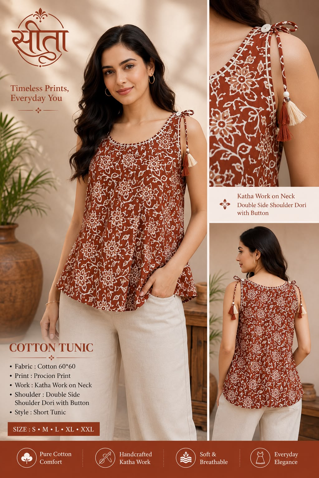 Pure Cotton 60*60 Procion Printed Short Tunic Top with Katha Work & Shoulder Dor