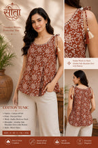 Pure Cotton 60*60 Procion Printed Short Tunic Top with Katha Work & Shoulder Dor