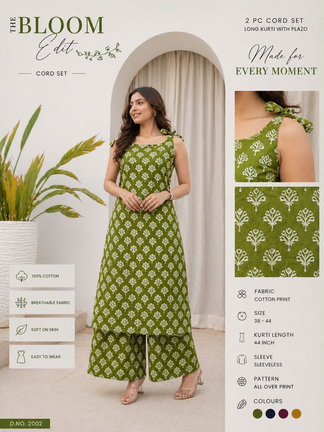 Cotton Printed 2-Piece Co-Ord Set – Long Kurti with Plazo & Shoulder Dori