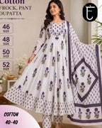 Plus Size Cotton 3-Piece Frock Set with Mul Cotton Dupatta