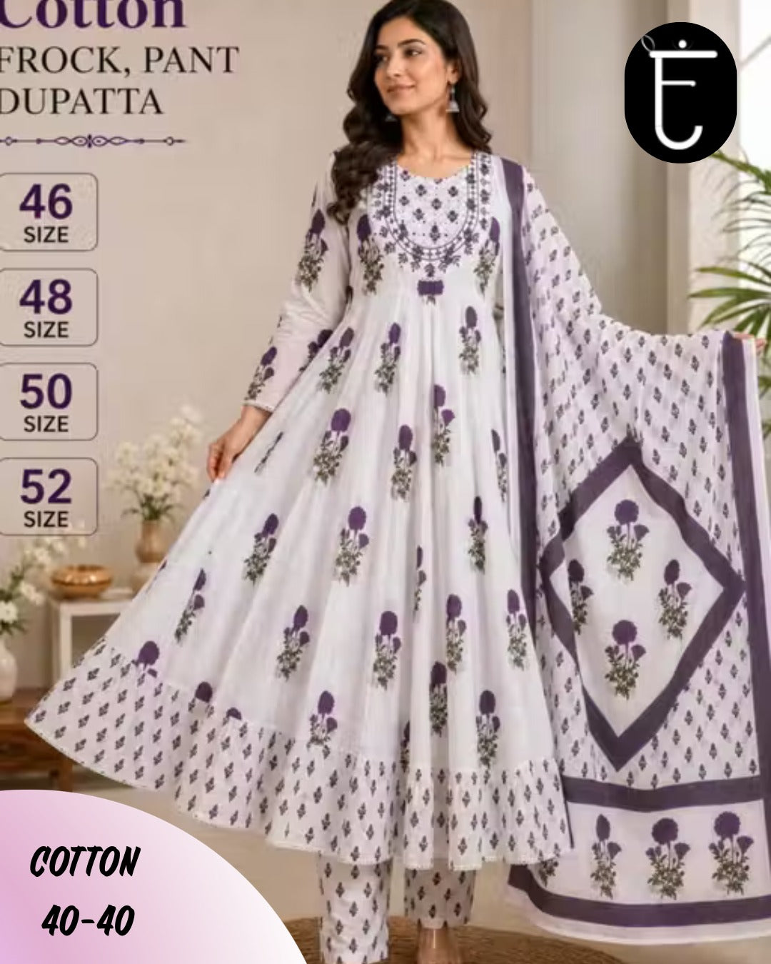 Plus Size Cotton 3-Piece Frock Set with Mul Cotton Dupatta