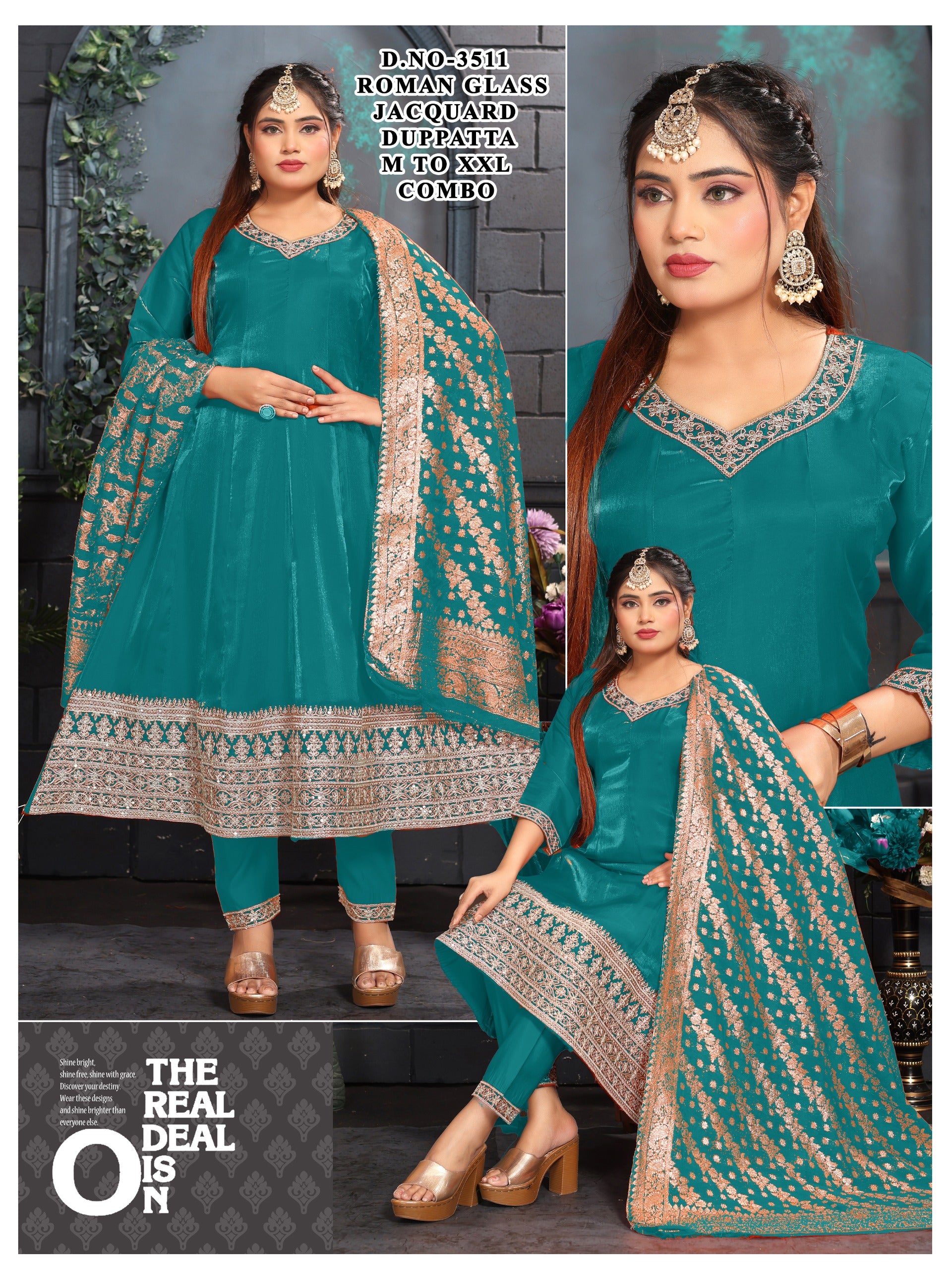 Elegant Glass Roman Silk Frock Suit with Jacquard Dupatta Set (Big Sizes: 3XL, 4XL, 5XL)