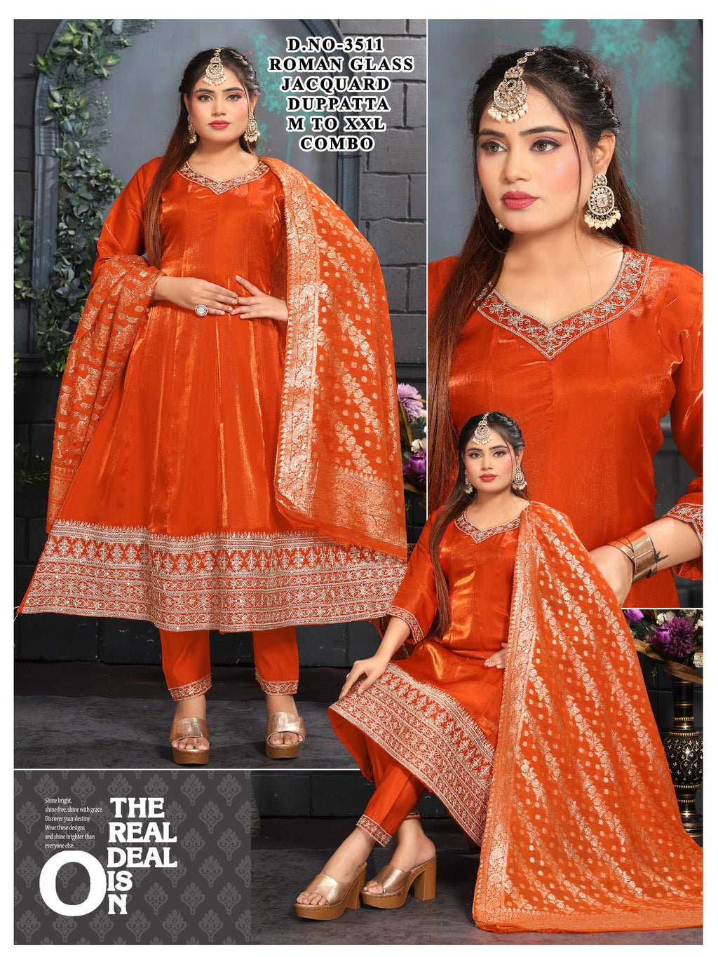 Elegant Glass Roman Silk Frock Suit with Jacquard Dupatta Set (Big Sizes: 3XL, 4XL, 5XL)