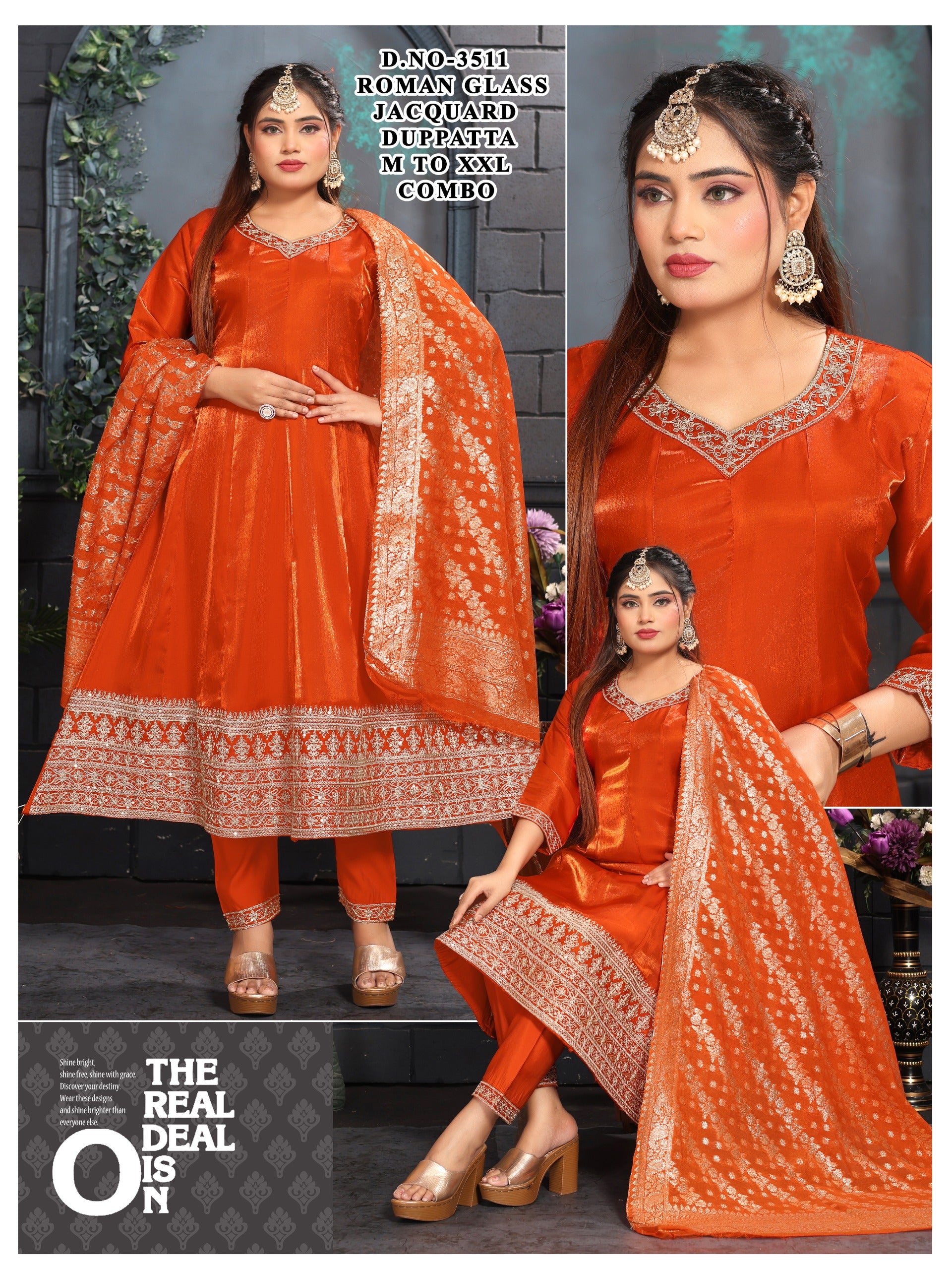 Elegant Glass Roman Silk Frock Suit with Jacquard Dupatta Set (Big Sizes: 3XL, 4XL, 5XL)