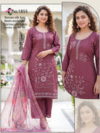 Elegant Roman Silk 3-Piece Kurti Set with Heavy Beads Work & Digital Braso Printed Organza Dupatta