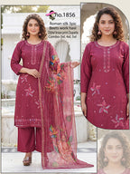 Elegant Roman Silk 3-Piece Kurti Set with Heavy Beads Work & Digital Braso Printed Organza Dupatta