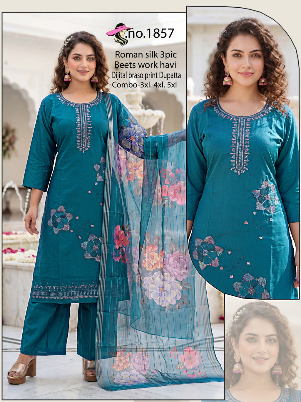 Elegant Roman Silk 3-Piece Kurti Set with Heavy Beads Work & Digital Braso Printed Organza Dupatta