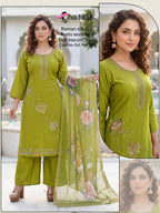 Elegant Roman Silk 3-Piece Kurti Set with Heavy Beads Work & Digital Braso Printed Organza Dupatta