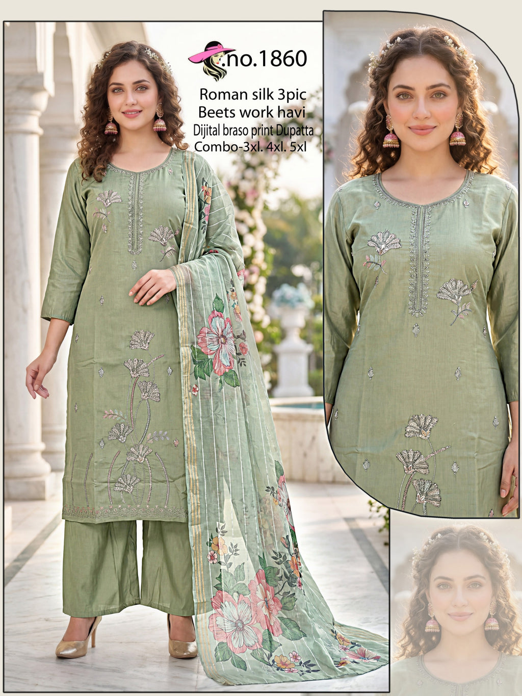 Elegant Roman Silk 3-Piece Kurti Set with Heavy Beads Work & Digital Braso Printed Organza Dupatta