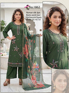 Elegant Roman Silk 3-Piece Kurti Set with Heavy Beads Work & Digital Braso Printed Organza Dupatta