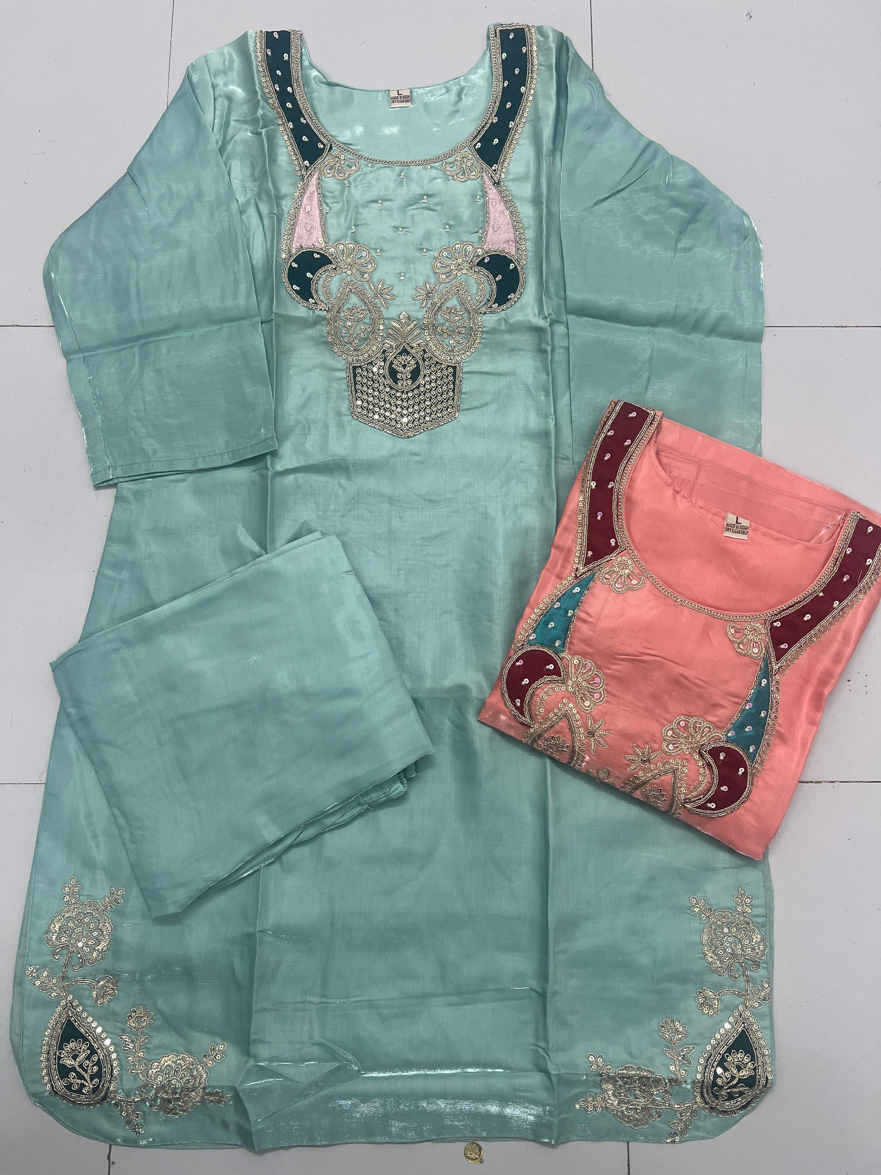 Elegant Off-White Glass Roman Silk Heavy Yoke Designer Kurta Set