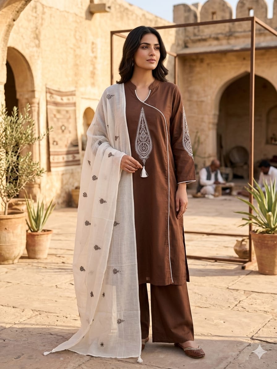 Elegant Olive Green Dhabu Cotton Embroidered Kurta Set with Dupatta