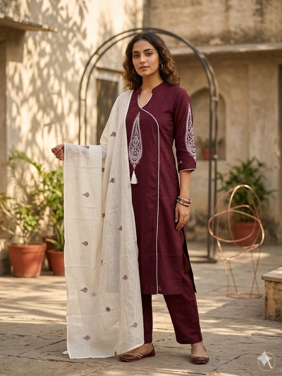 Elegant Olive Green Dhabu Cotton Embroidered Kurta Set with Dupatta