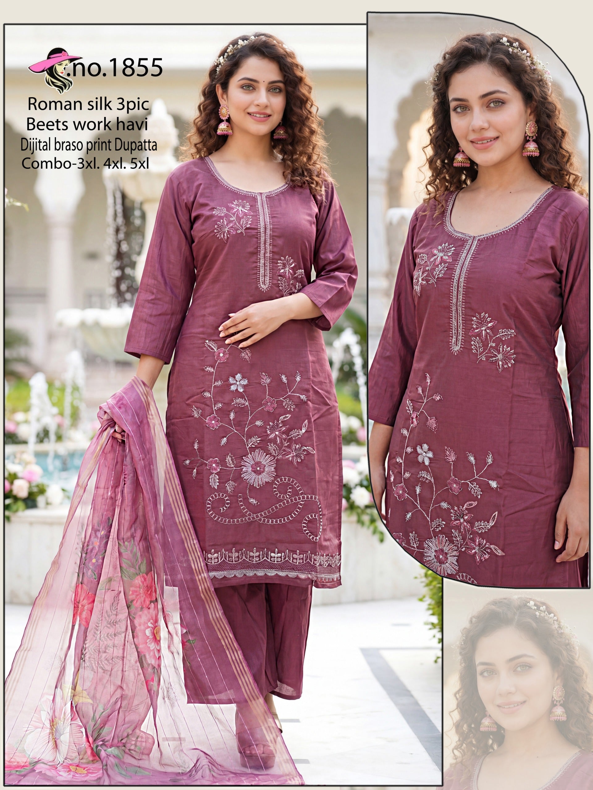 Heavy Beads Work Roman Silk Kurti Set with Plazo and Organza Dupatta (Big Sizes: 3XL, 4XL, 5XL)