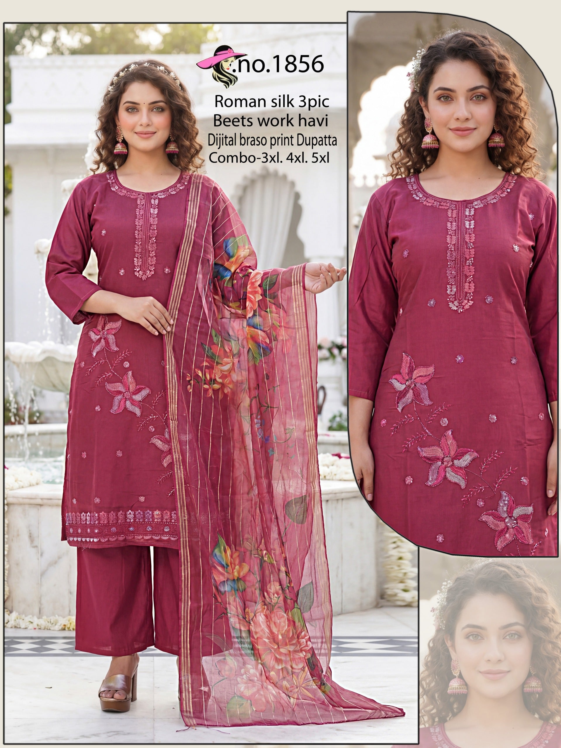 Heavy Beads Work Roman Silk Kurti Set with Plazo and Organza Dupatta (Big Sizes: 3XL, 4XL, 5XL)