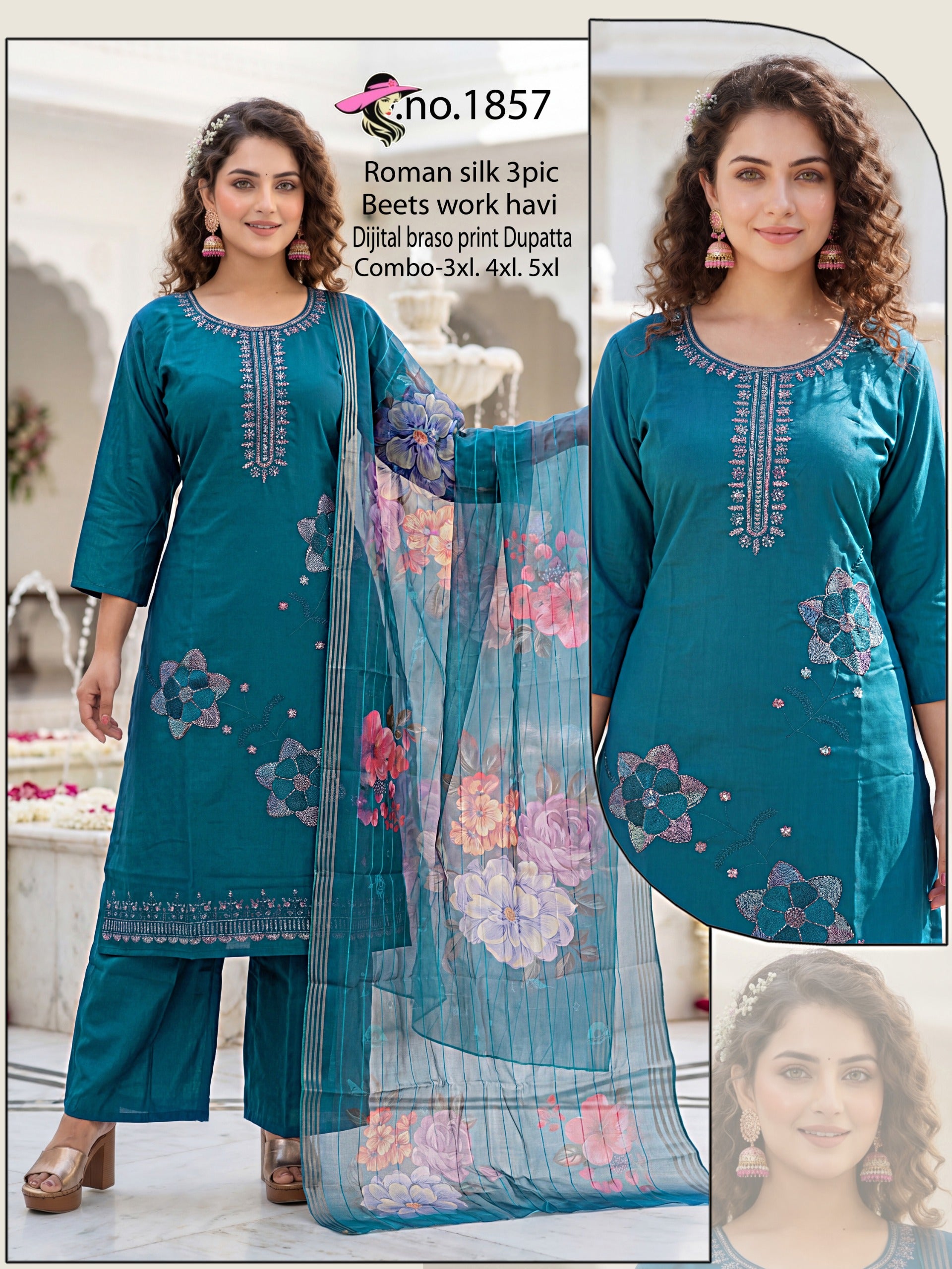 Heavy Beads Work Roman Silk Kurti Set with Plazo and Organza Dupatta (Big Sizes: 3XL, 4XL, 5XL)
