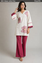 Exclusive Floral Embroidered Off-White Short Kurti & Magenta Bottom Se
