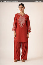 Exclusive Floral Embroidered Off-White Short Kurti & Magenta Bottom Se