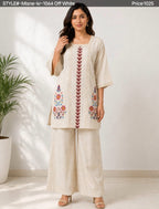 Exclusive Floral Embroidered Off-White Short Kurti & Magenta Bottom Se