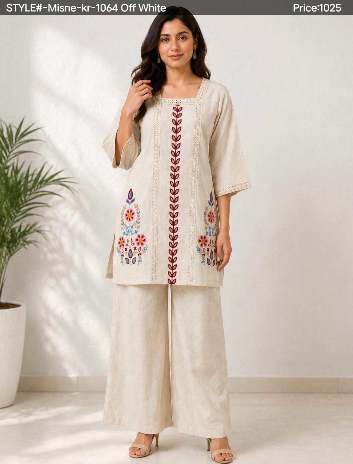 Exclusive Floral Embroidered Off-White Short Kurti & Magenta Bottom Se