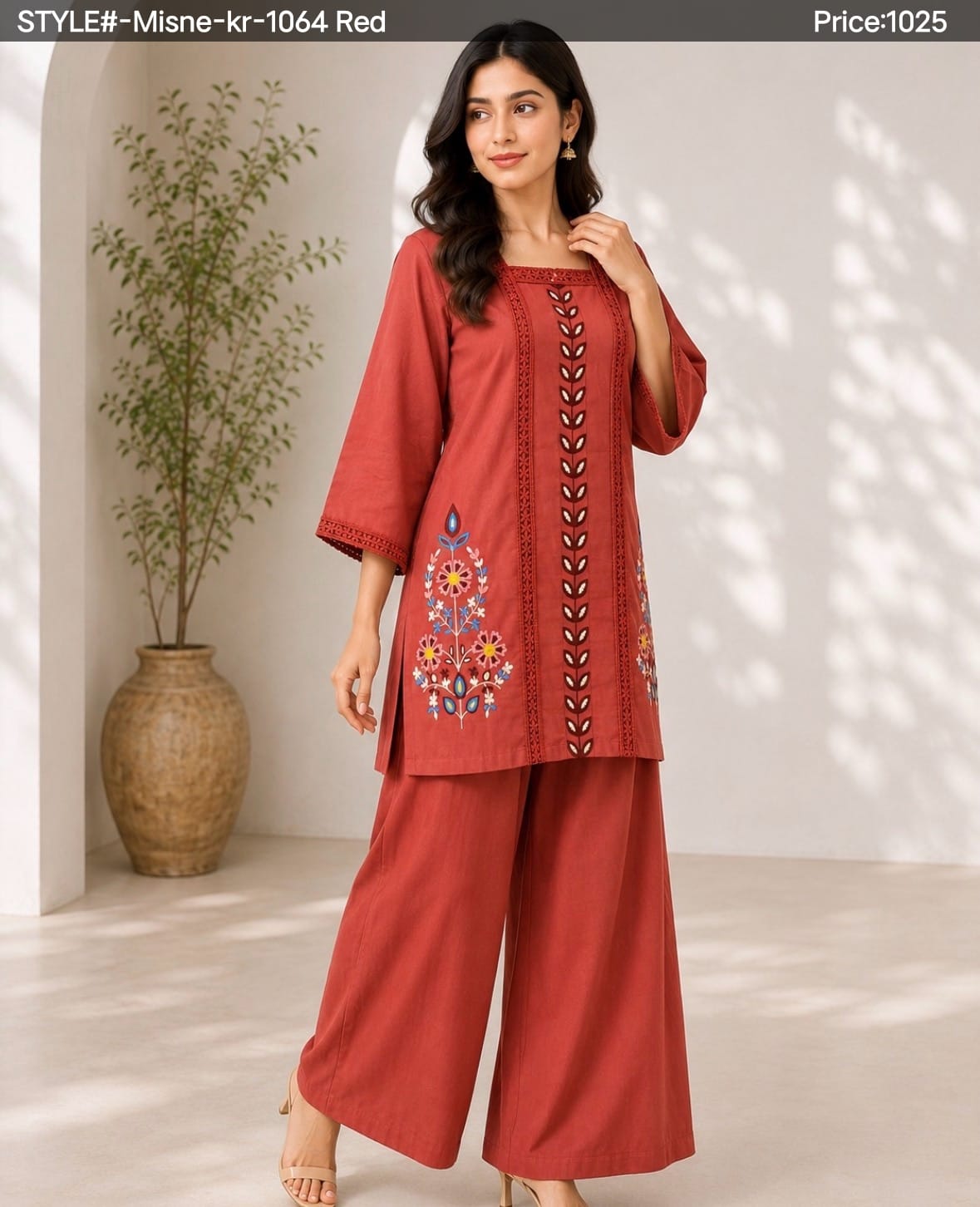 Exclusive Floral Embroidered Off-White Short Kurti & Magenta Bottom Se