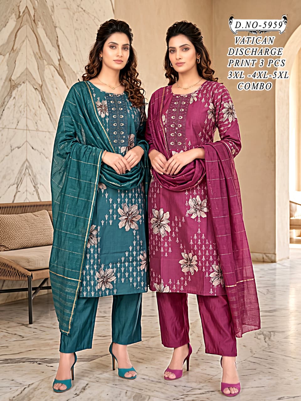 Plus Size Vatican Discharge Print 3-Piece Kurta, Broad Pant & Dupatta Set