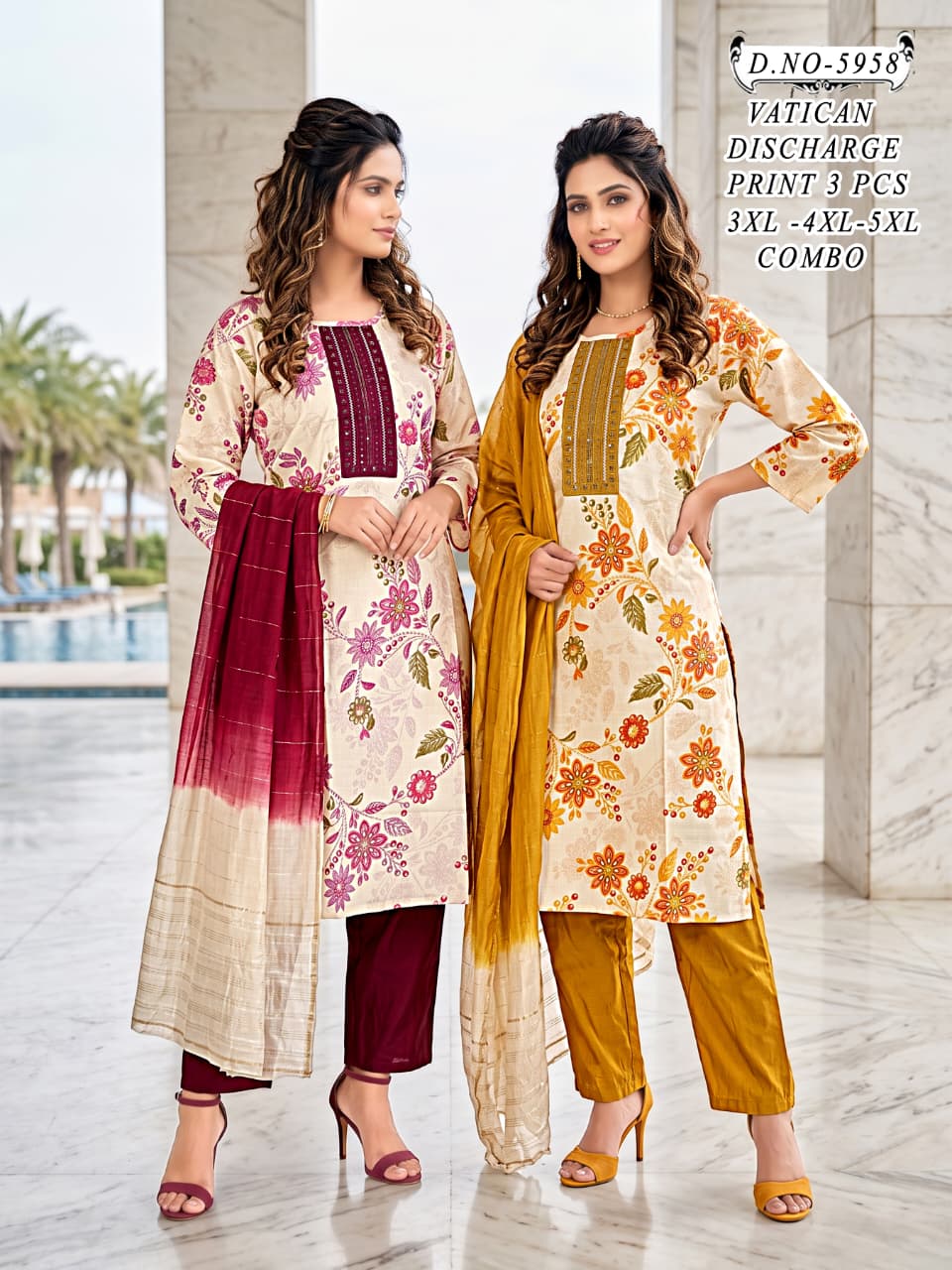 Plus Size Vatican Discharge Print 3-Piece Kurta, Broad Pant & Dupatta Set