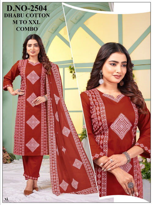 Dhabu Cotton Fine Screen Print 3-Piece Kurta, Pant & Mal Dupatta Set