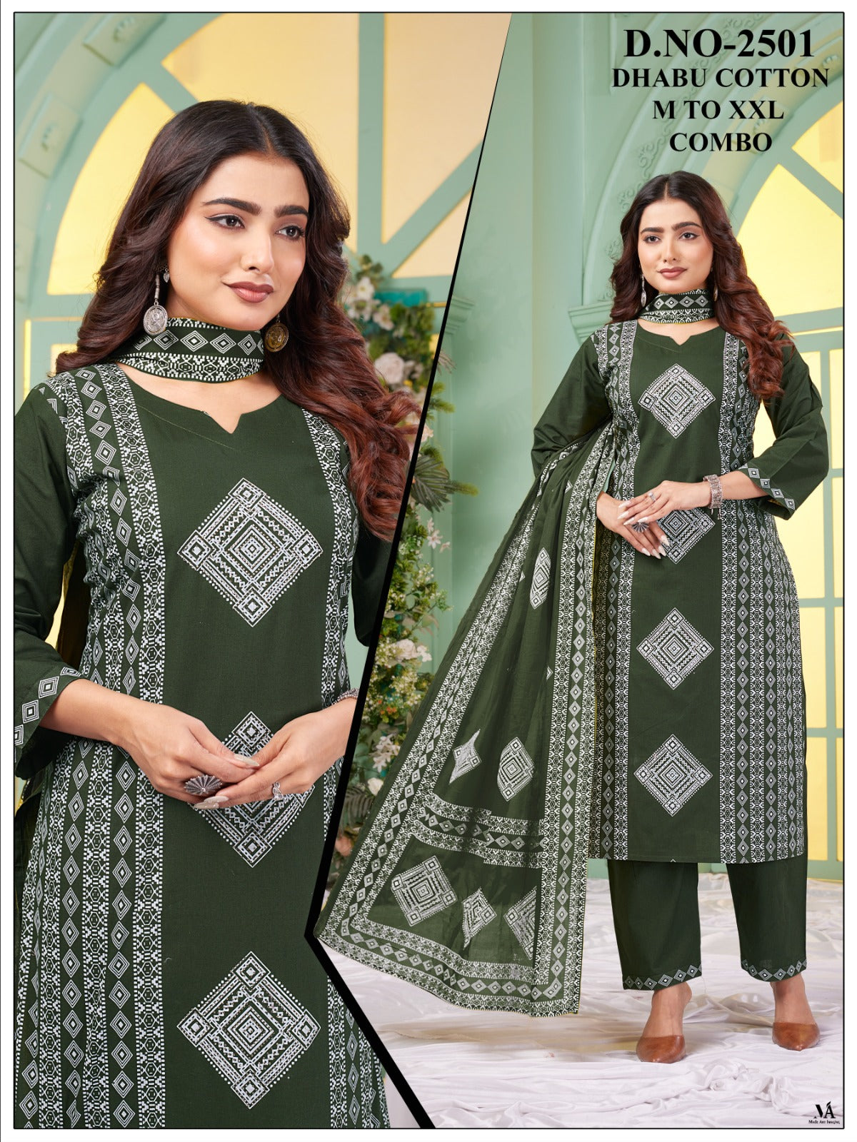 Dhabu Cotton Fine Screen Print 3-Piece Kurta, Pant & Mal Dupatta Set